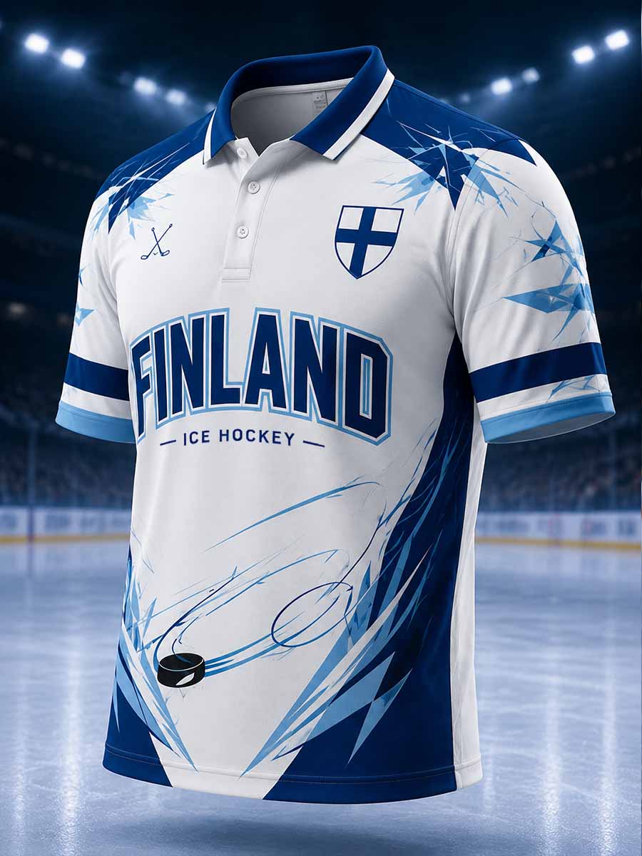 Miesten Vintage Finland Ice Hockey kuvio Painettu Polopaita