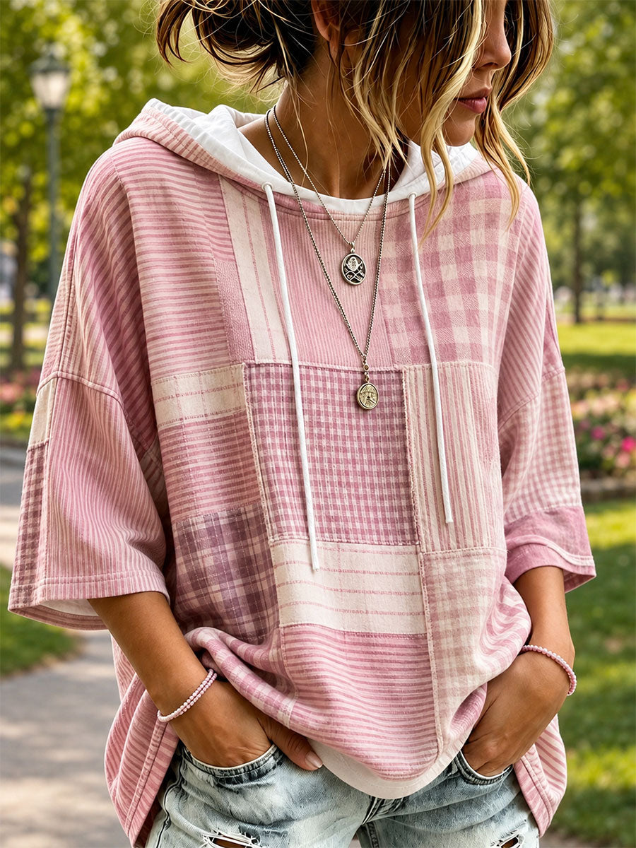 Kvinnors rosa patchwork konst Hoodie konsta