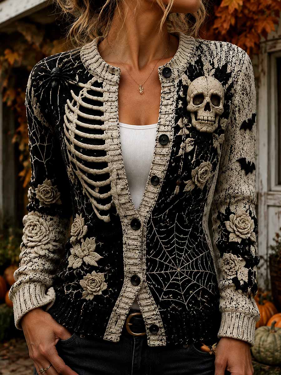 Kvinner Retro Halloween-mønster Skriv ut Cardigan-stil strik jakka