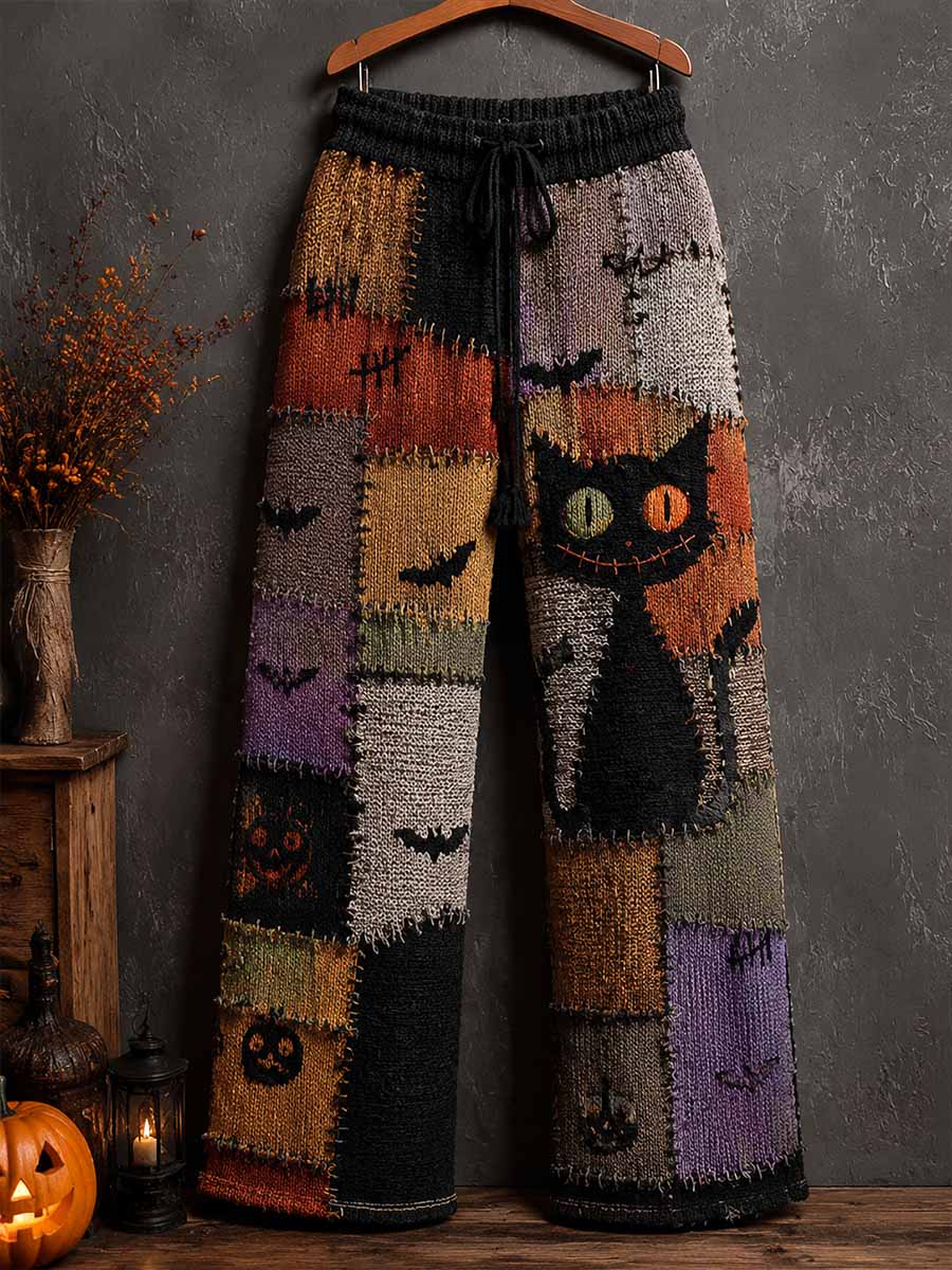 Kvinner Retro Halloween Black Cat Mønster Strikke bukser