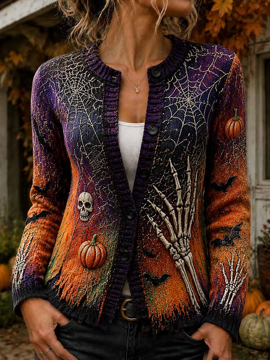 Damegenser i retro-halloweenstil med mønster – strikket jakke i cardigan-stil