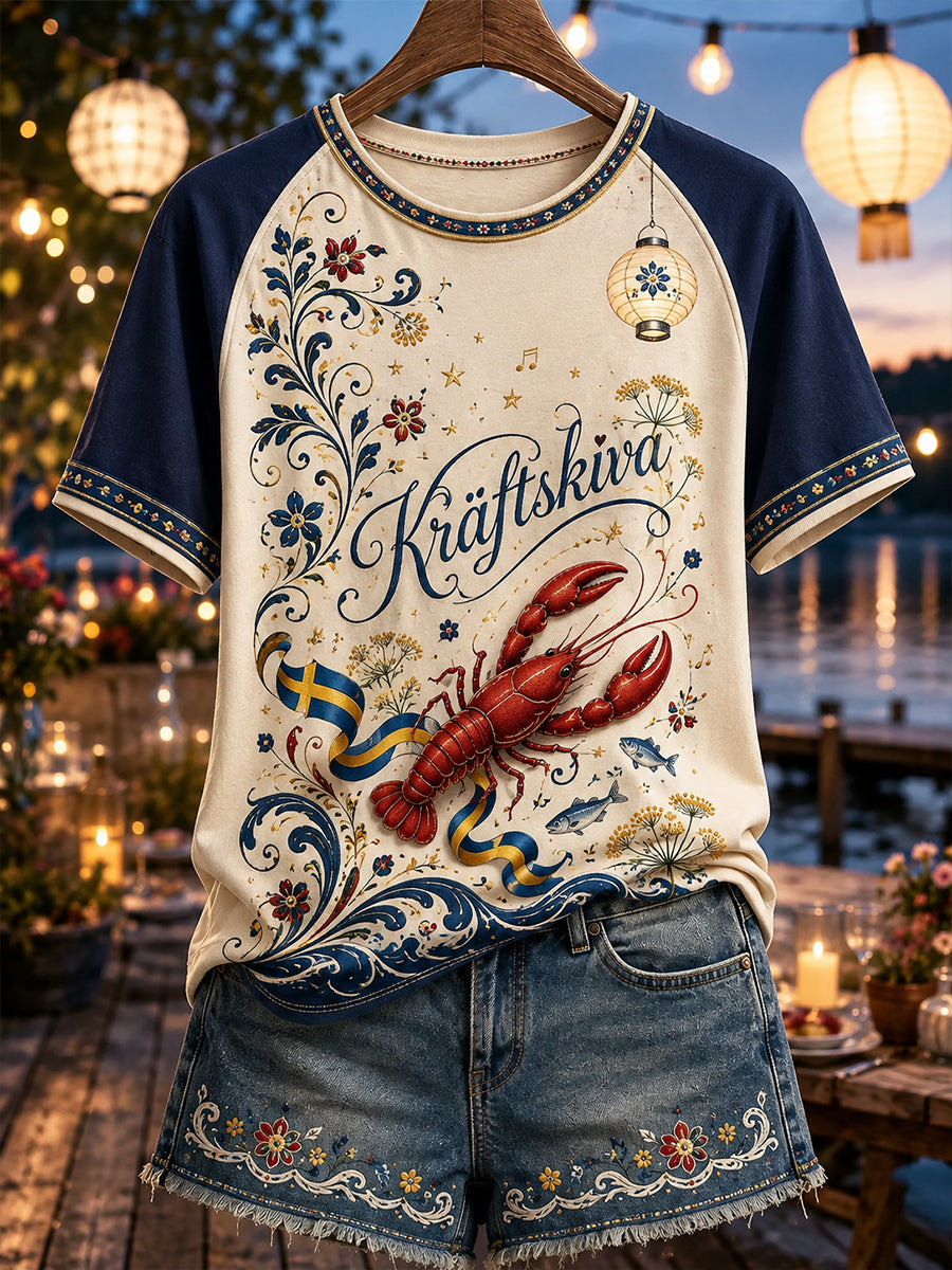 Kvinnors svenska Kräftskiva Rund hals Kort ärm T-shirt