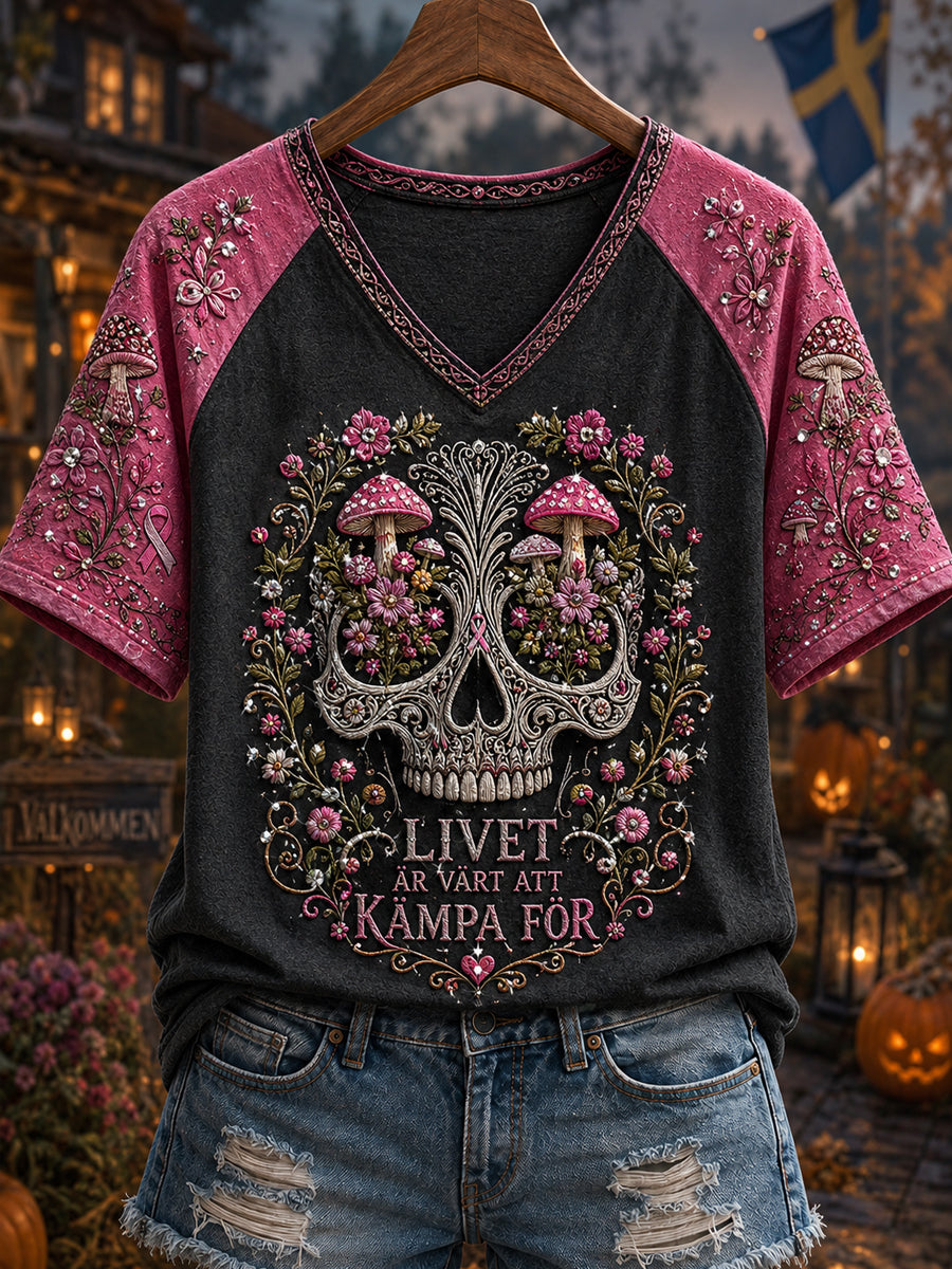 Kvinnors Retro Halloween Bröstcancer Skull T-shirt