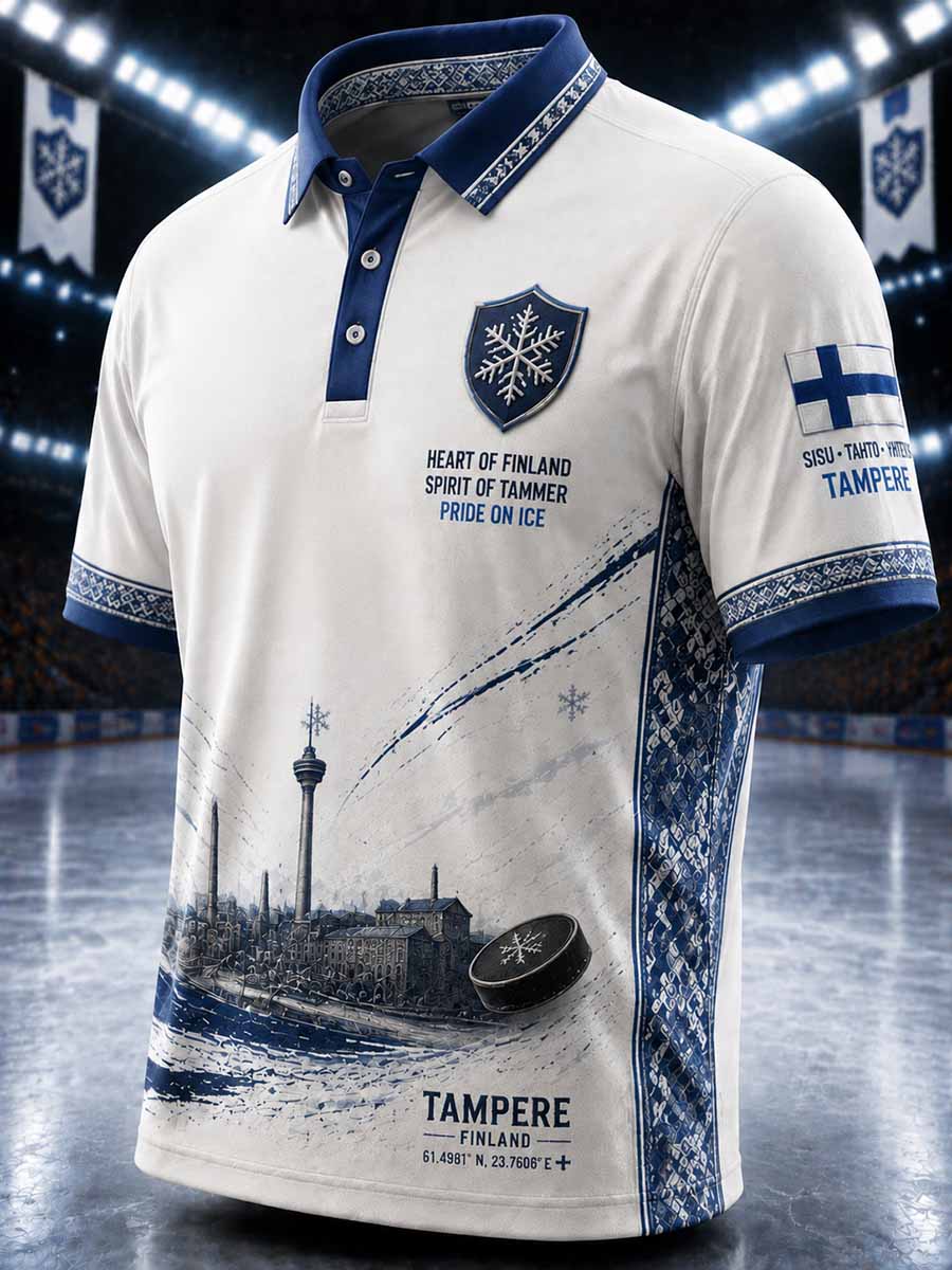 Miesten Suomi-jääkiekko Tampere kirvekuviollinen painettu poolopaita