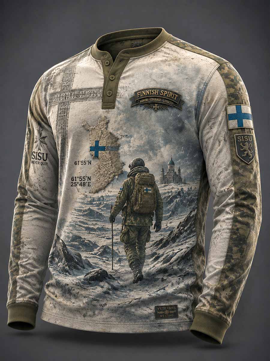 Miesten vintage Suomi Sisu veteraanikuosilla painettu pitkähihainen t-paita