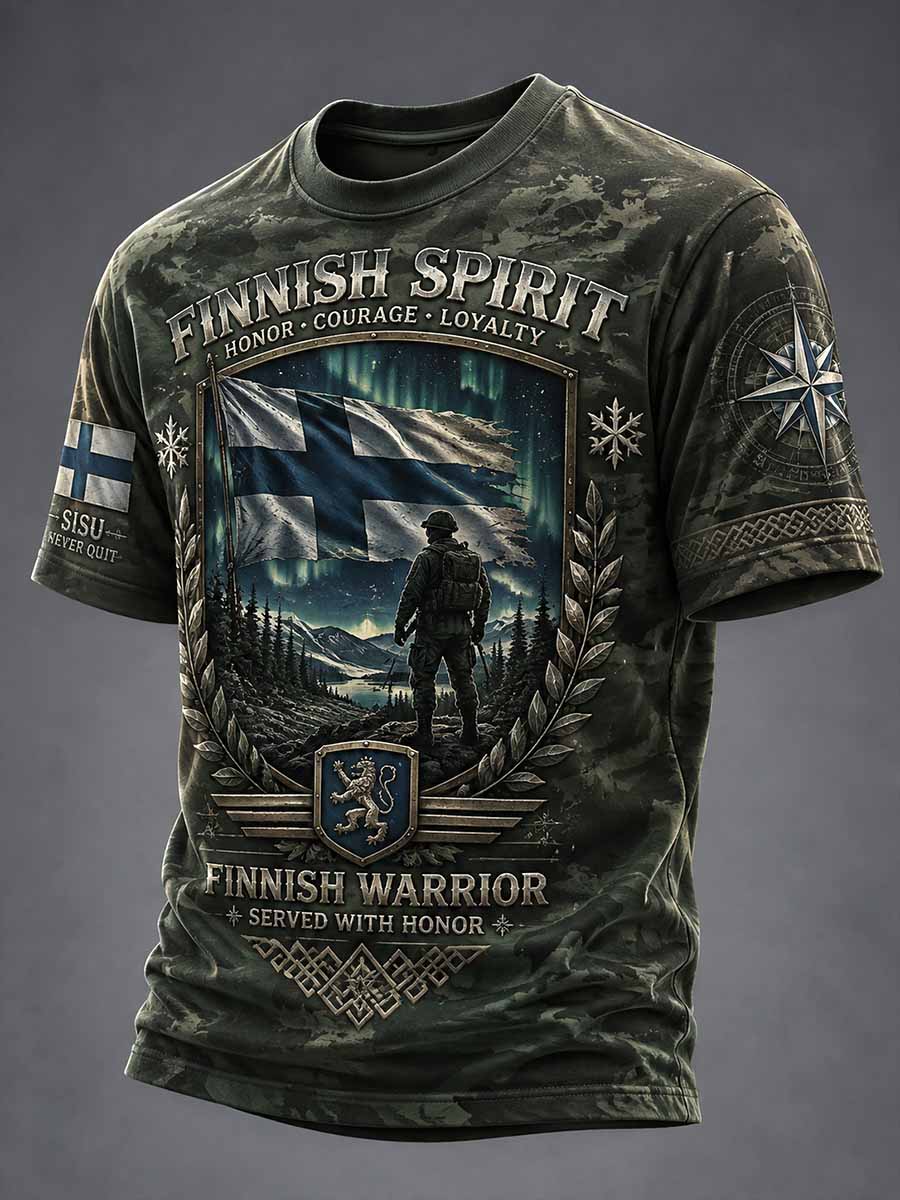 Miesten vintage Suomi Sisu veteraanikuosilla painettu t-paita