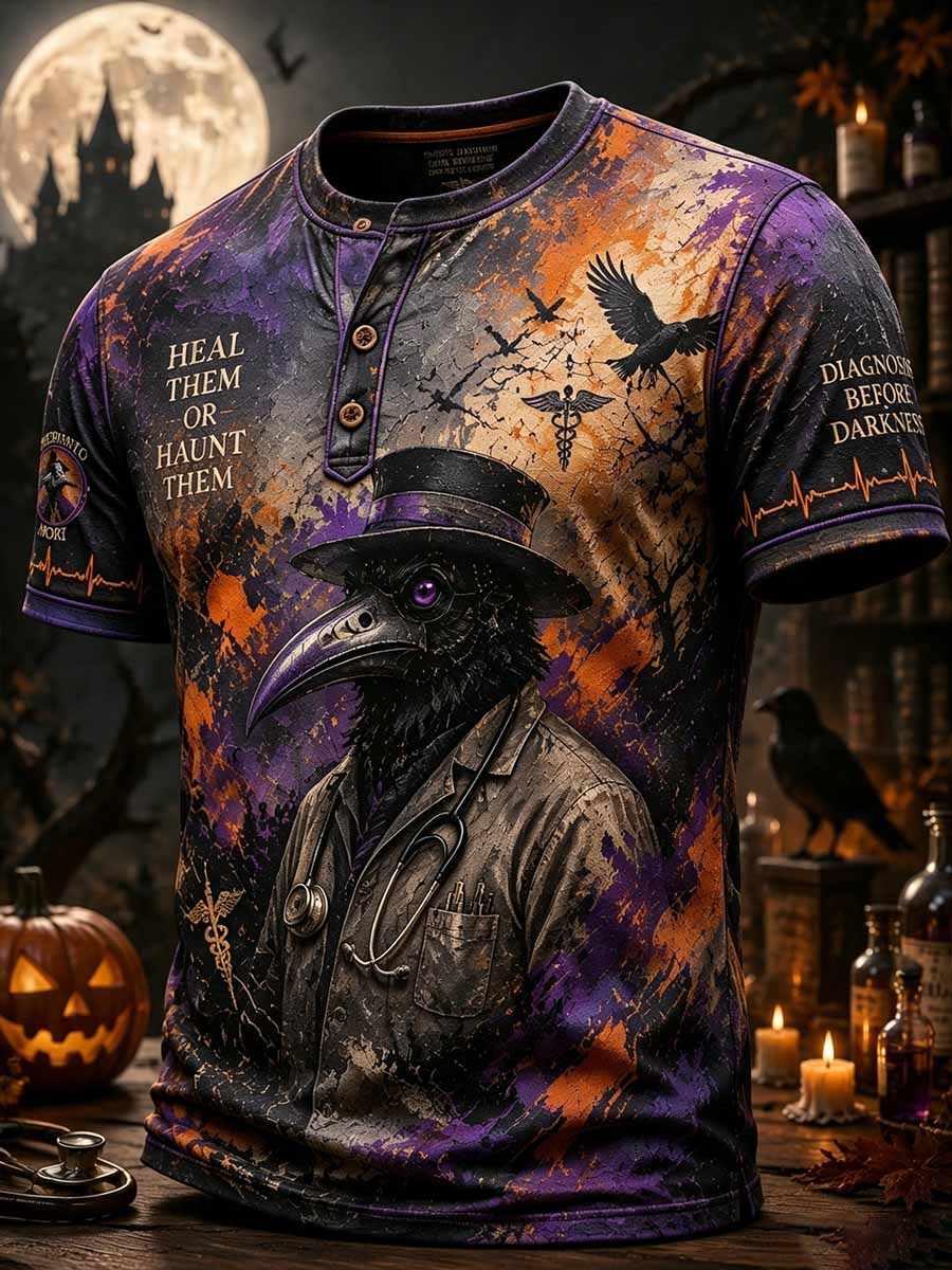 Mäns mode Halloween läkare kråkor mönster tryckt T-shirt