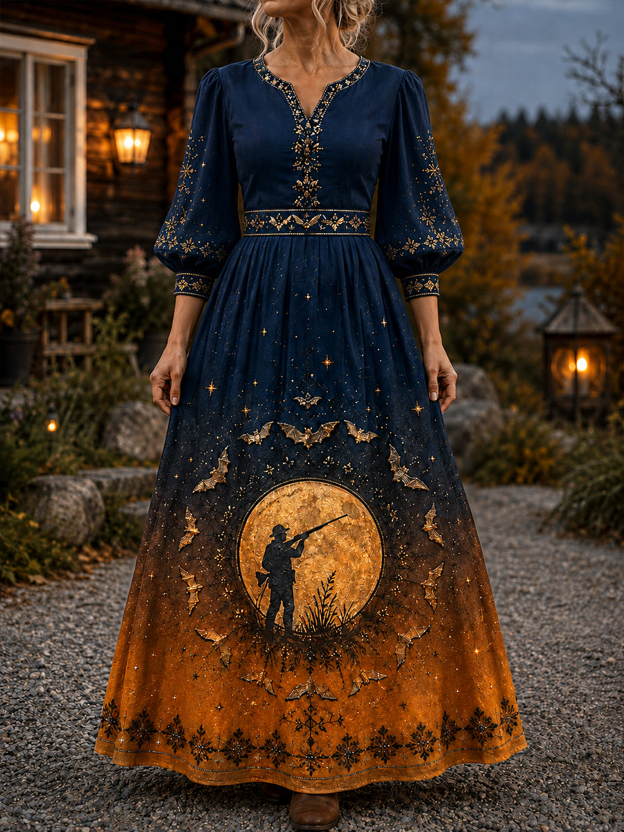 Kvinnors Vintage Halloween jakt-tema V-hals klänning