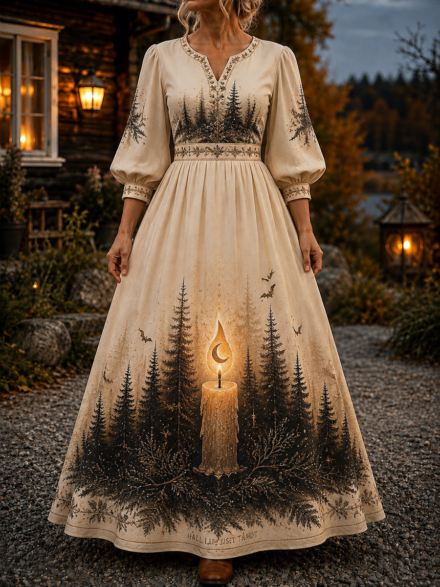 Kvinnors Vintage Halloween Forest Ljusglas konst V-hals klänning