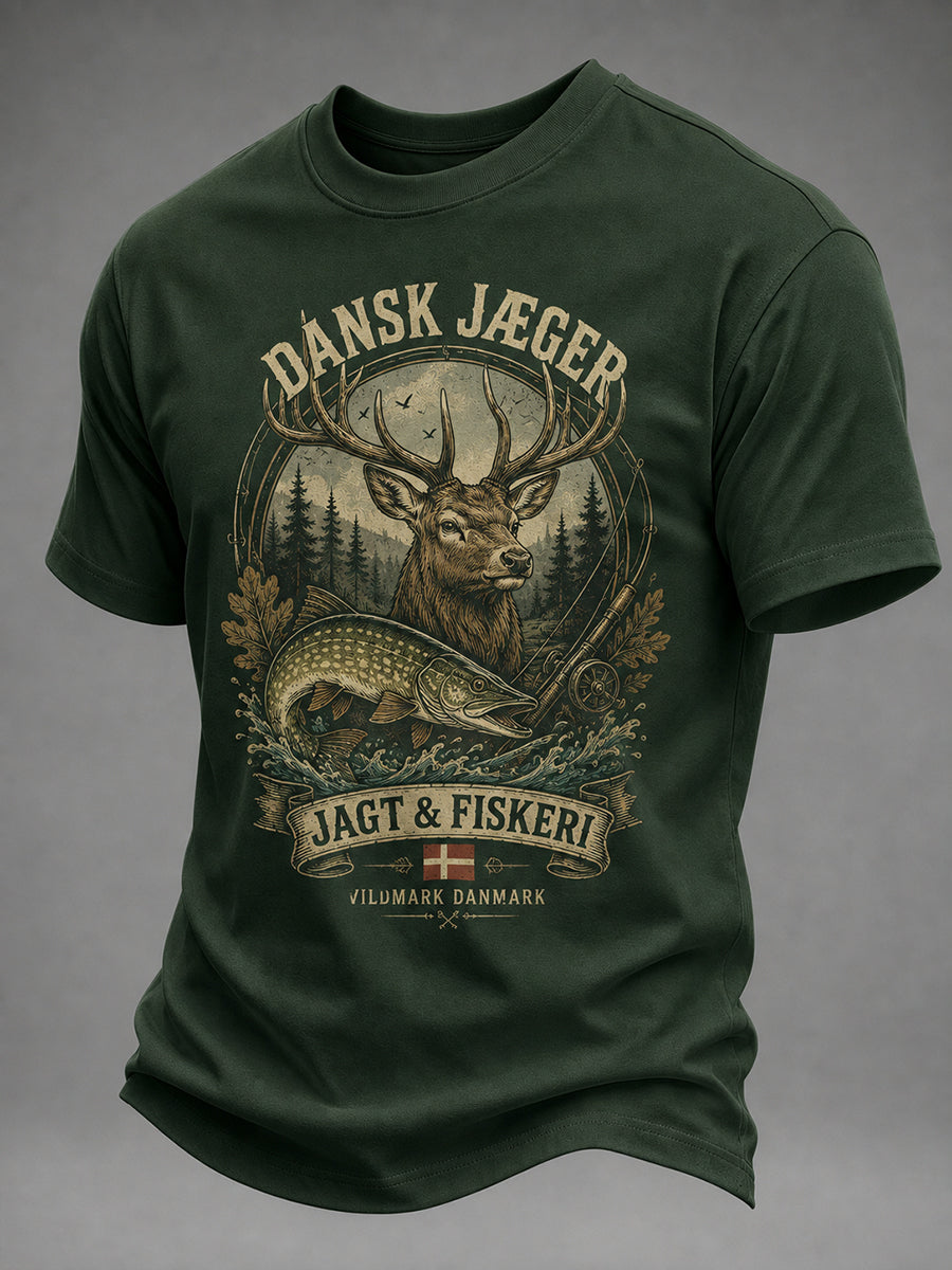 Mænds kortærme T-shirt med udendørs jagt-tema print