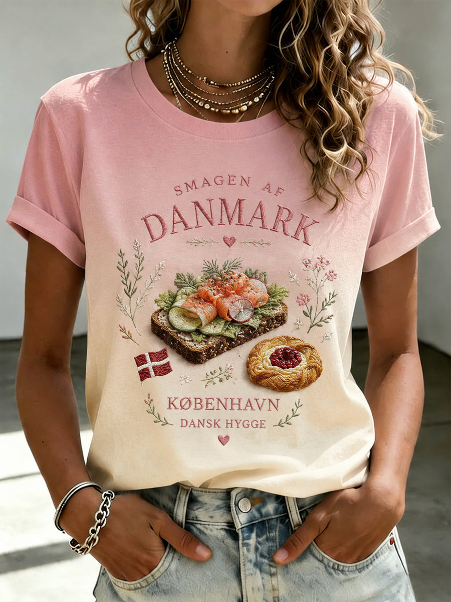 Kvinders kortærme T-shirt med mad-tema print