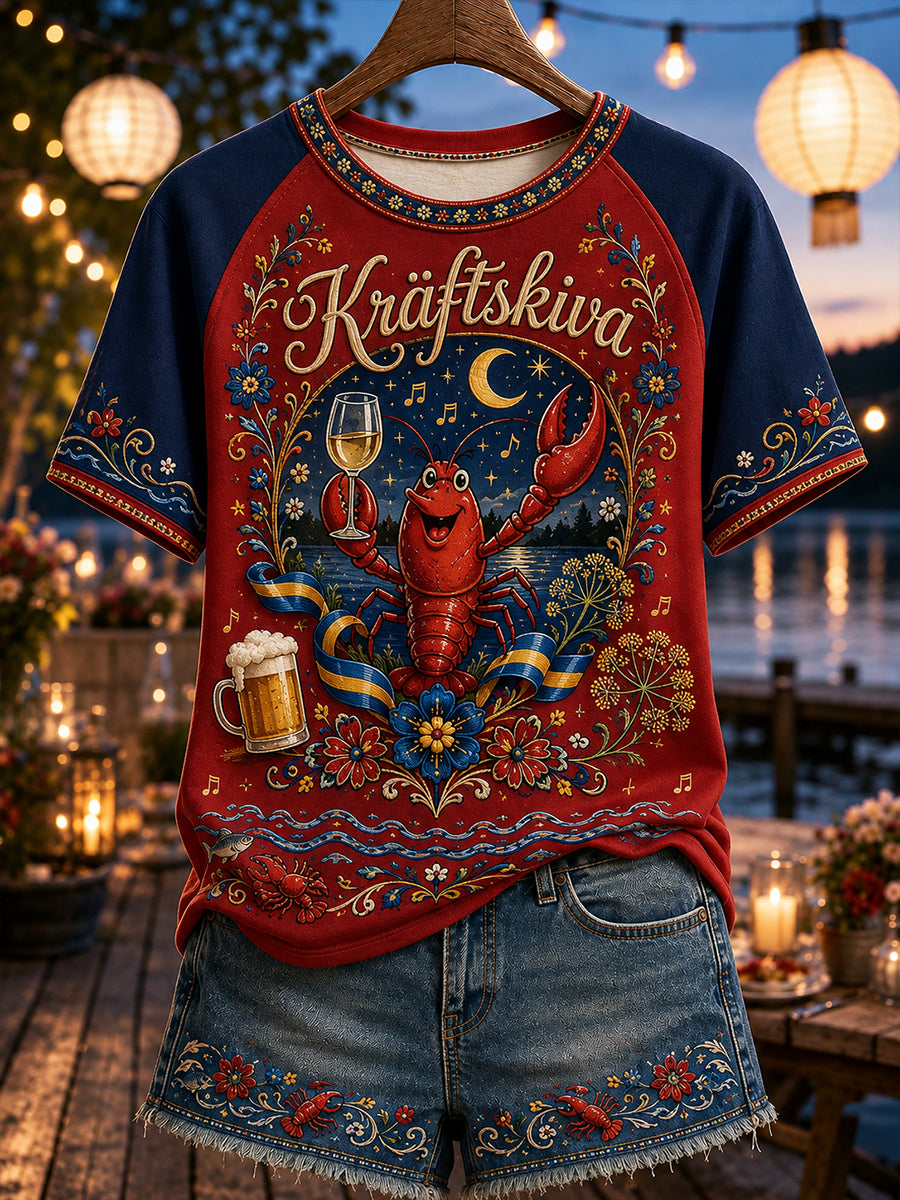Kvinnors Sverige Kräftskiva Rund hals Kort ärm T-shirt