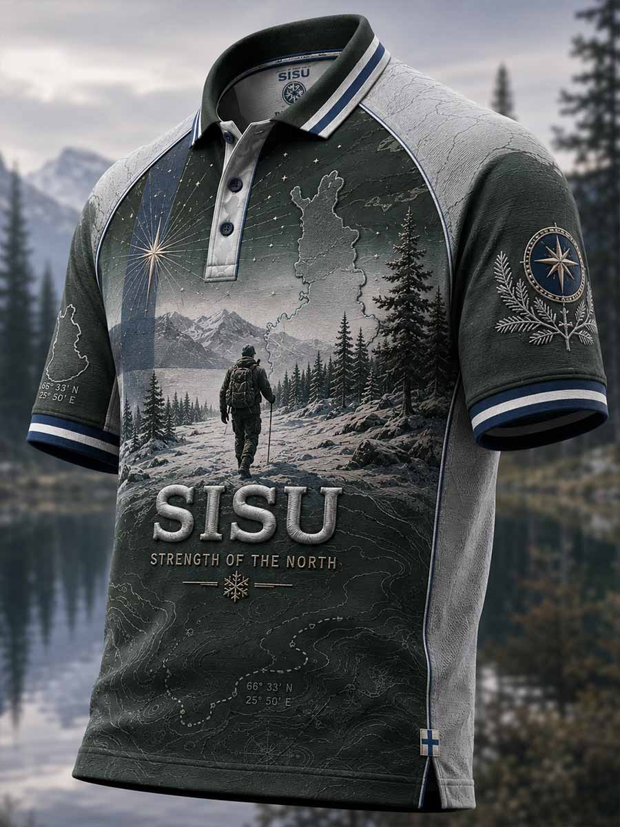Miesten suomalainen veteraanien Sisu-hengen perintöä kuvaava printtipolopaita