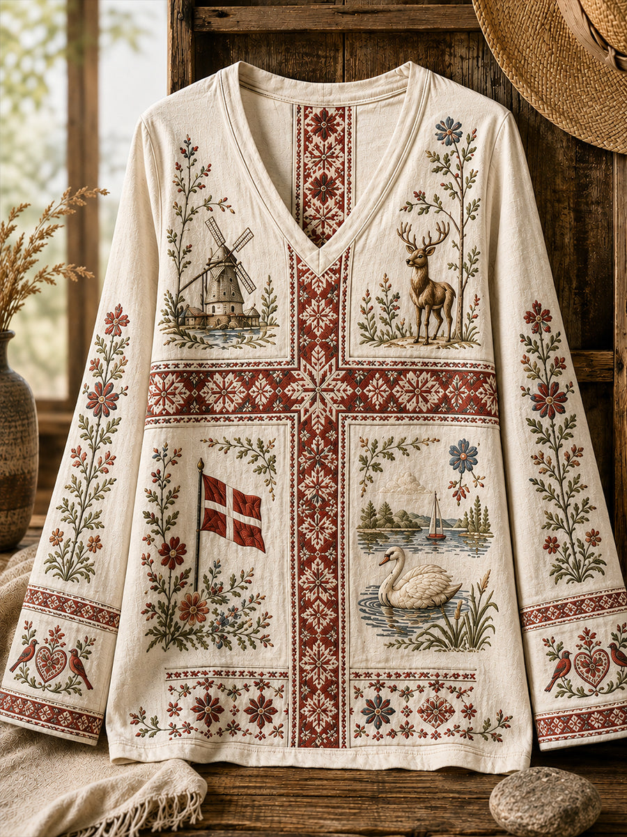 Dame-Danmark patriotisk T-shirt med V-udskæring