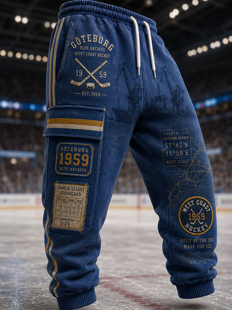 Herrliga 1944 Göteborg Hockeyarv-våffelmönstrade printad löparsweatbyxor, casual stil