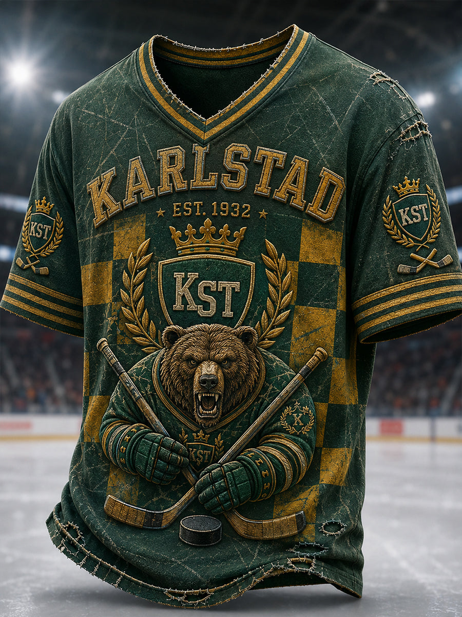 Herr Grönvitt Hockeyarv Vintage V-ringad T-shirt