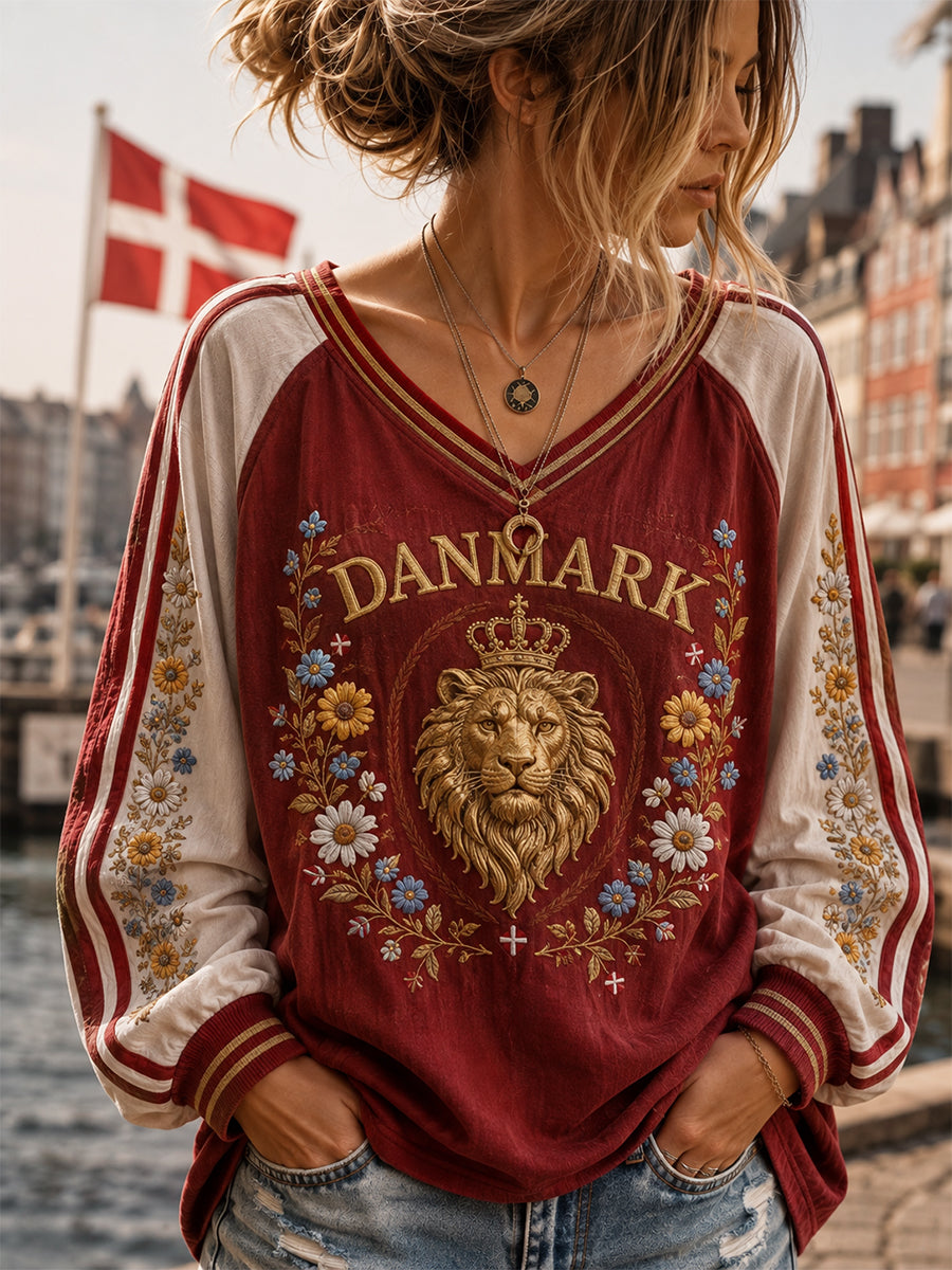 Dames dansk patriotisk V-hals top med lange ærmer