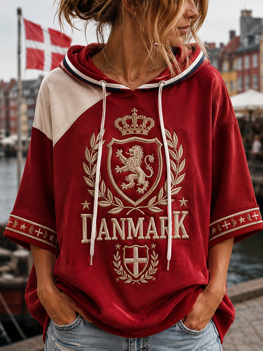 Dames Danmark patriotisk hættetrøje med korte ærmer