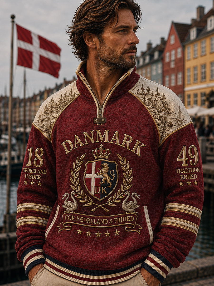 Mænds danske patriotiske sweatshirt med halv lynlås og opretstående krave