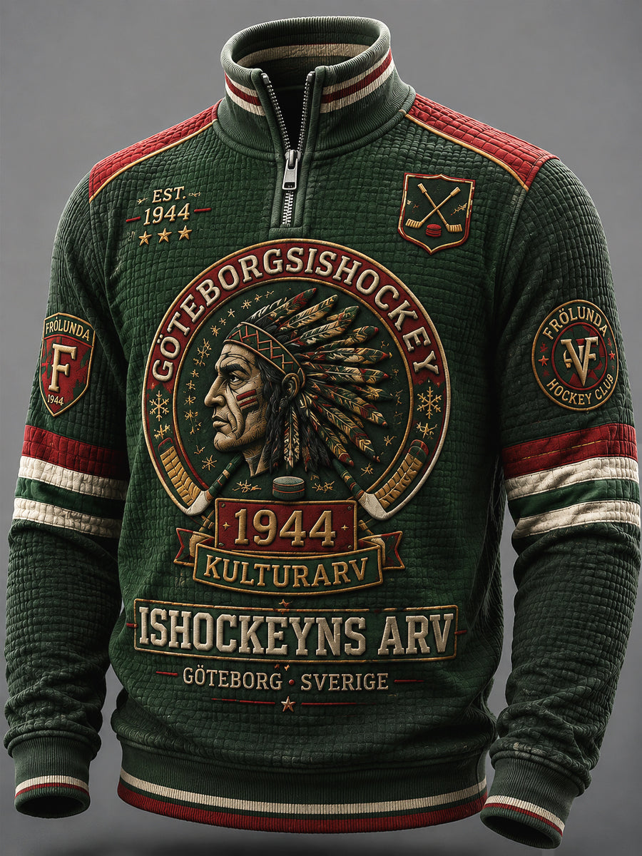 Vintage Göteborgshockey-våffelstickat patchwork-luftkapptröja med dragkedja