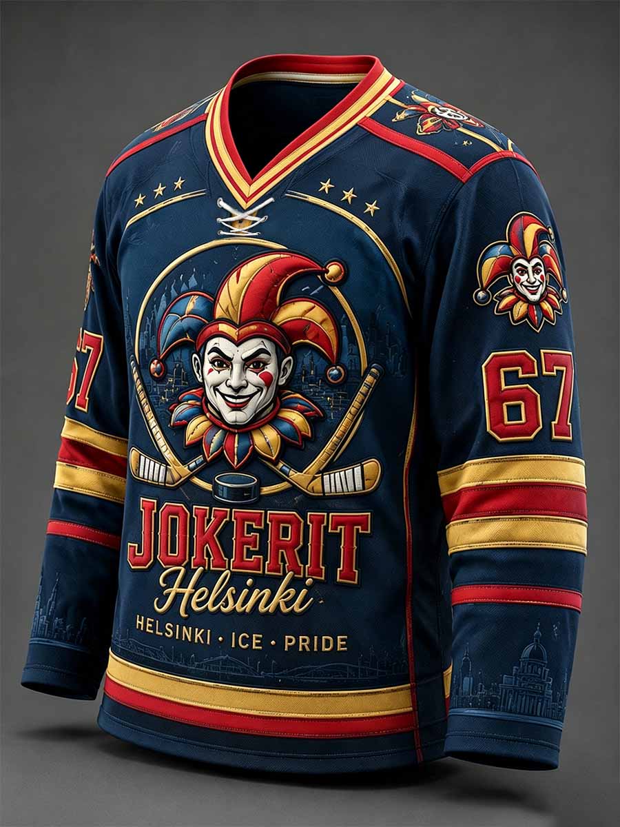 Miesten retro Jokerit Helsingin jääkiekkoa muistava painokuvioinen pitkähihmainen collegepaita
