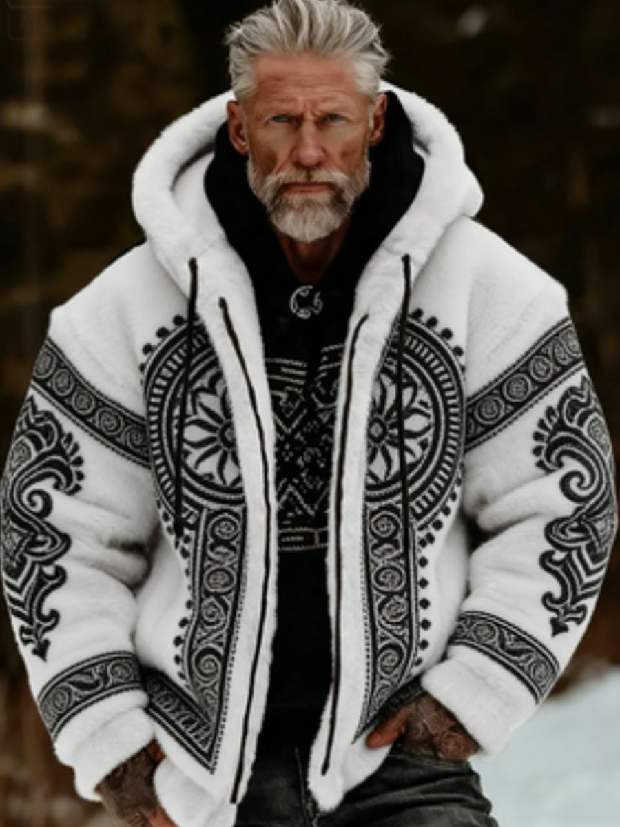 Herrlig viking- och keltiskt konstnärlig plyschjacka med dragkedja och huva, mysigt varm