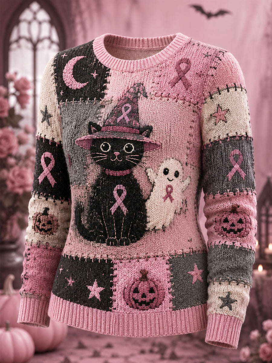 Kvinnors Halloween rosa spöken och katt Pink Ribbon Skriv ut bröstcancer medvetenhet Stöd tröjar