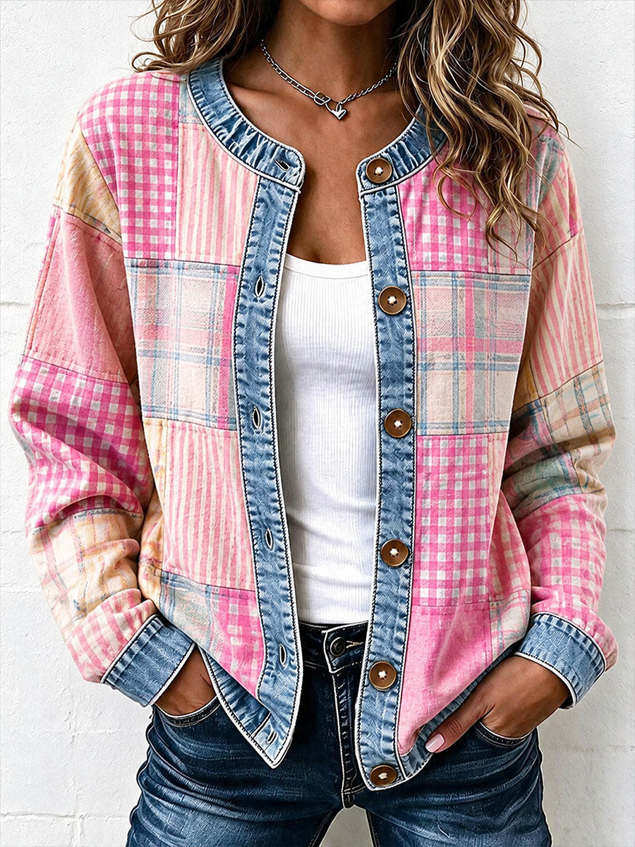 Damstiligt broderat konstcardigan i patchwork-stil