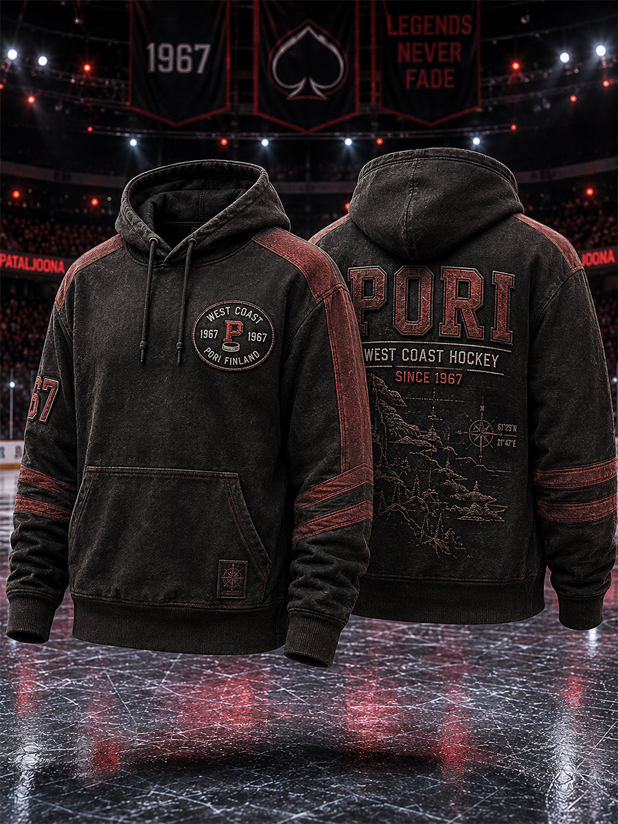 Miesten retro Porin Ässät -suomihokkifani pitkähihainen huppari