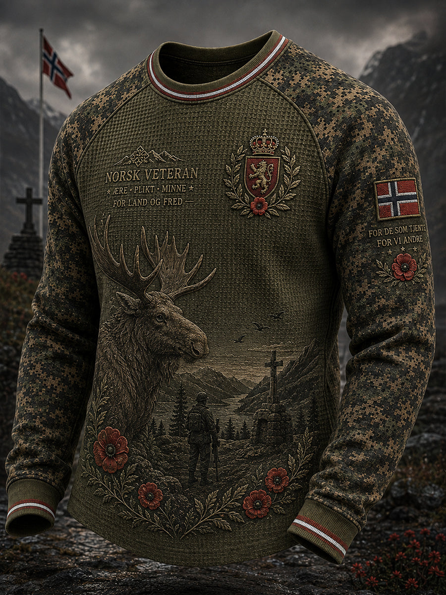 Menns vintage militærintspiret camo-printet vaffelstrikket raglanlangertet topp