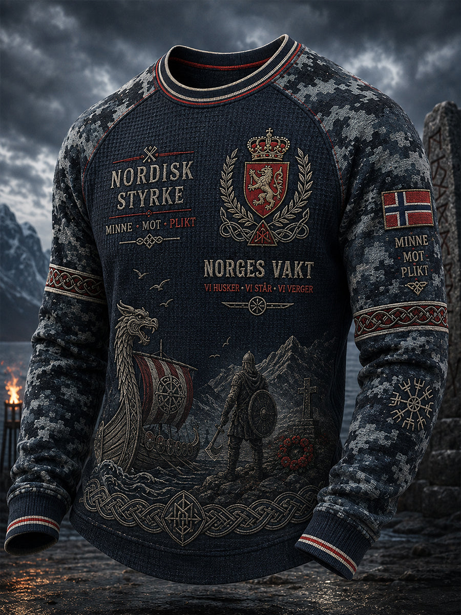 Menns vintage militærintspiret camo-printet vaffelstrikket raglanlangertet topp
