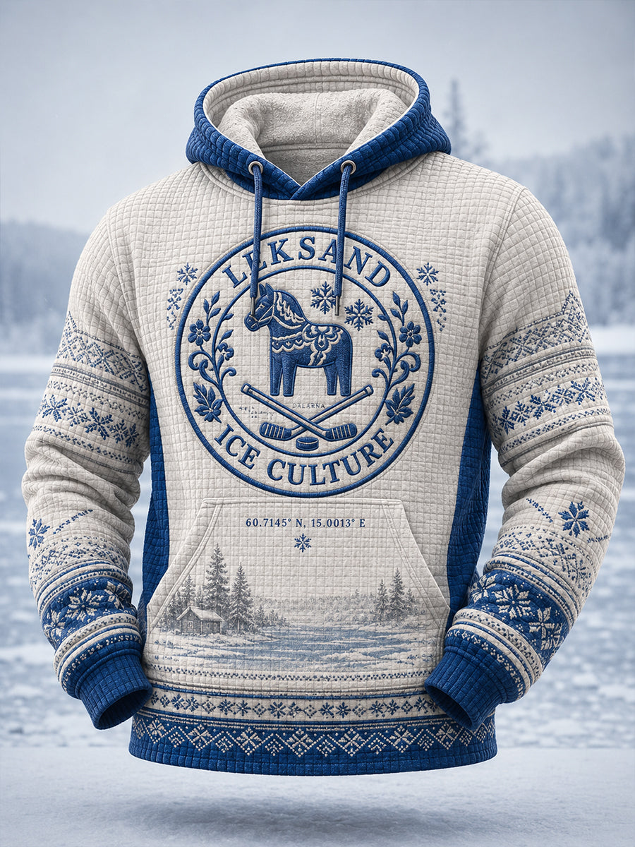 Herrliggande, överdimensionerad huvtröja i svensk ishockeystil med fickor för Leksands IF-fans och -älskare