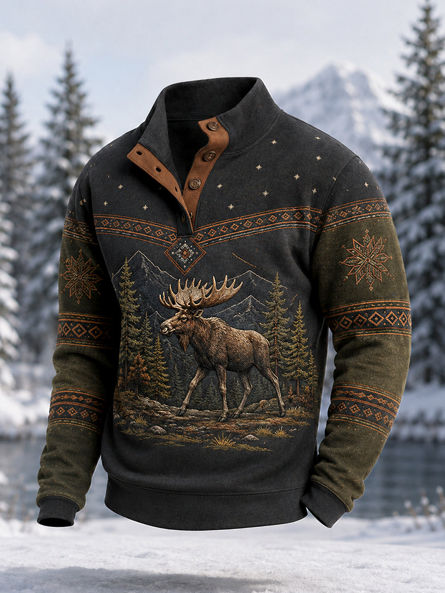 Herrpullover för vintern med älgmönster, vardaglig modell med knappar