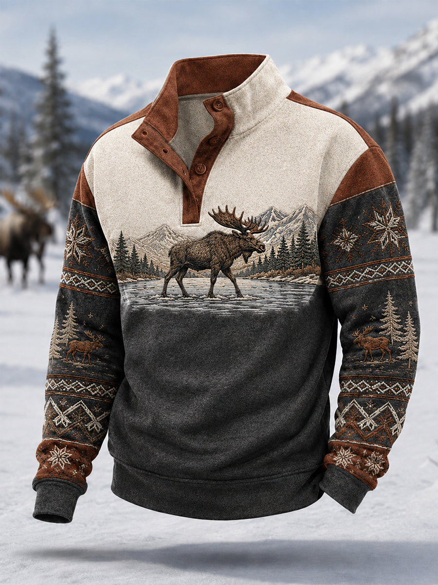 Herrpullover för vintern med älgmönster, vardaglig modell med knappar