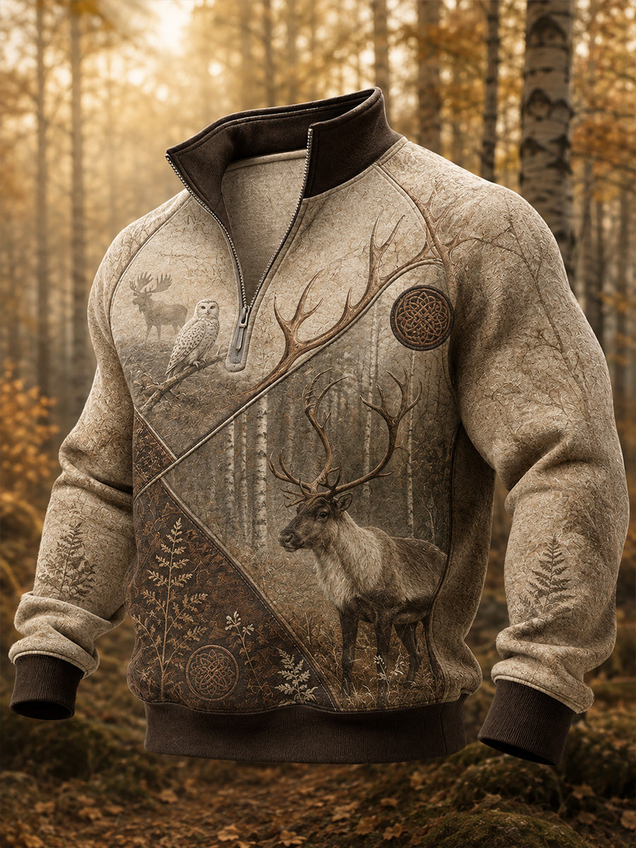 Retro nordisk konsttryck avslappnad bekväm sweatshirt med dragkedja