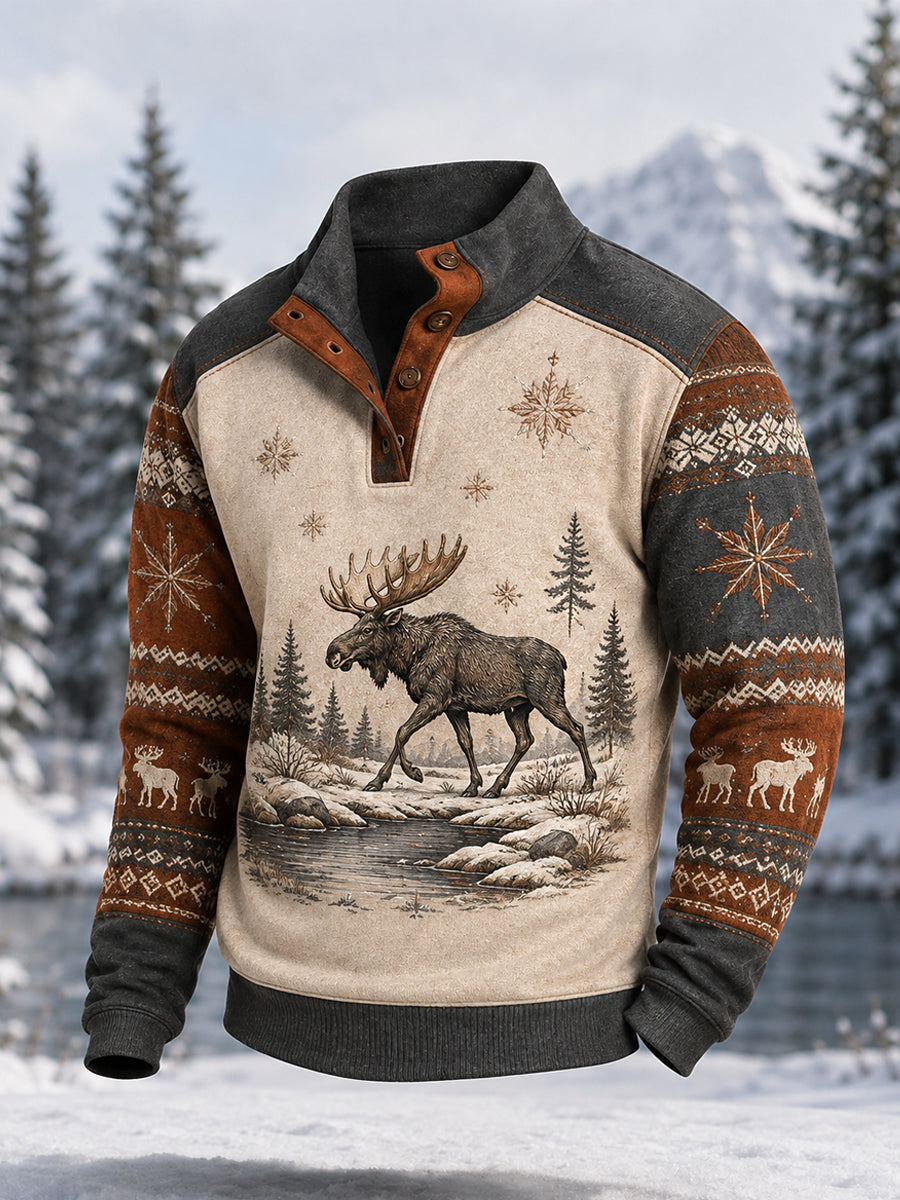 Herrpullover för vintern med älgmönster, vardaglig modell med knappar