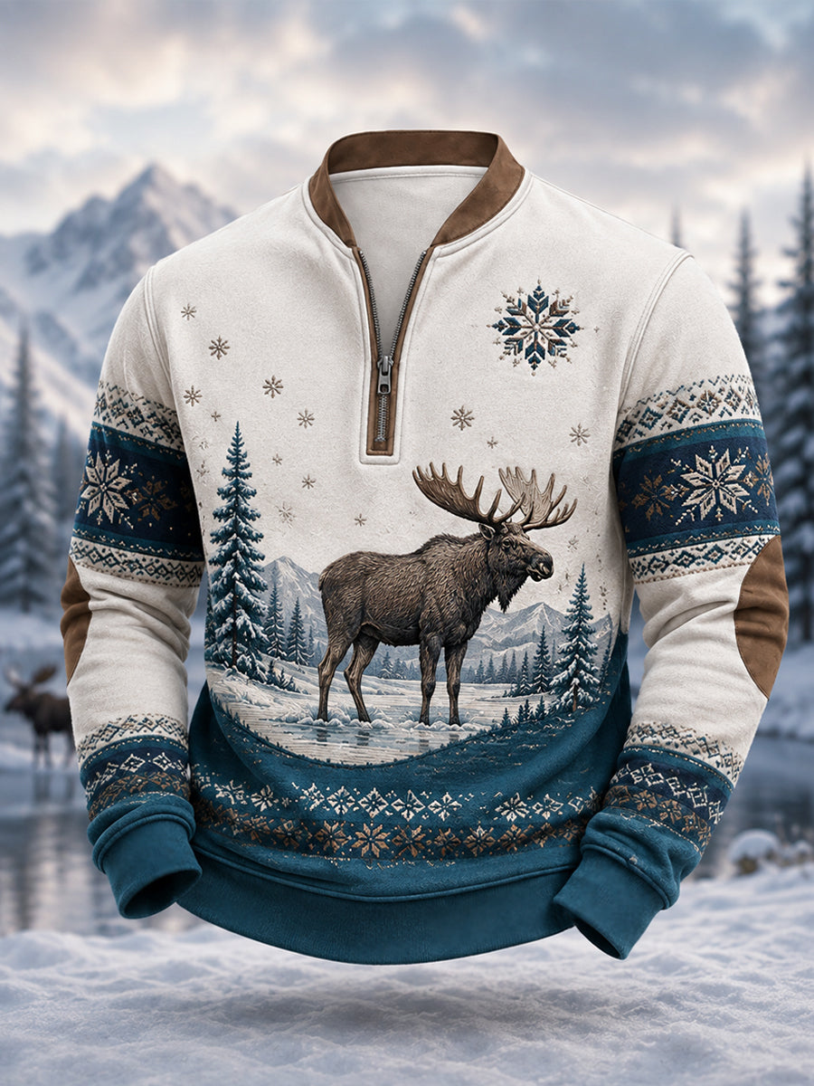 Herrpullover för vintern med älgmönster och dragkedja, i ledig stil