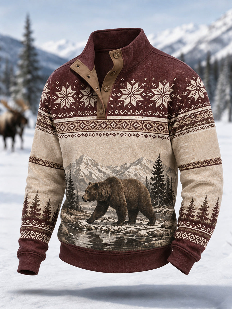 Herrpullover för vintern med snöbjörnsmönster och knappar – vardagsmodell