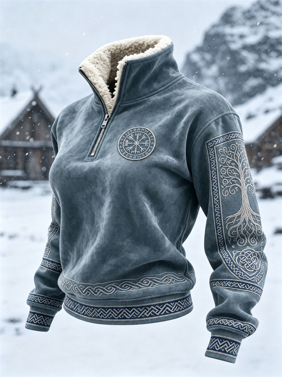 Damskjol med vikingmotiv, Vegvisir, Livets Träd, keltisk knut och pälskrage – toppmodell