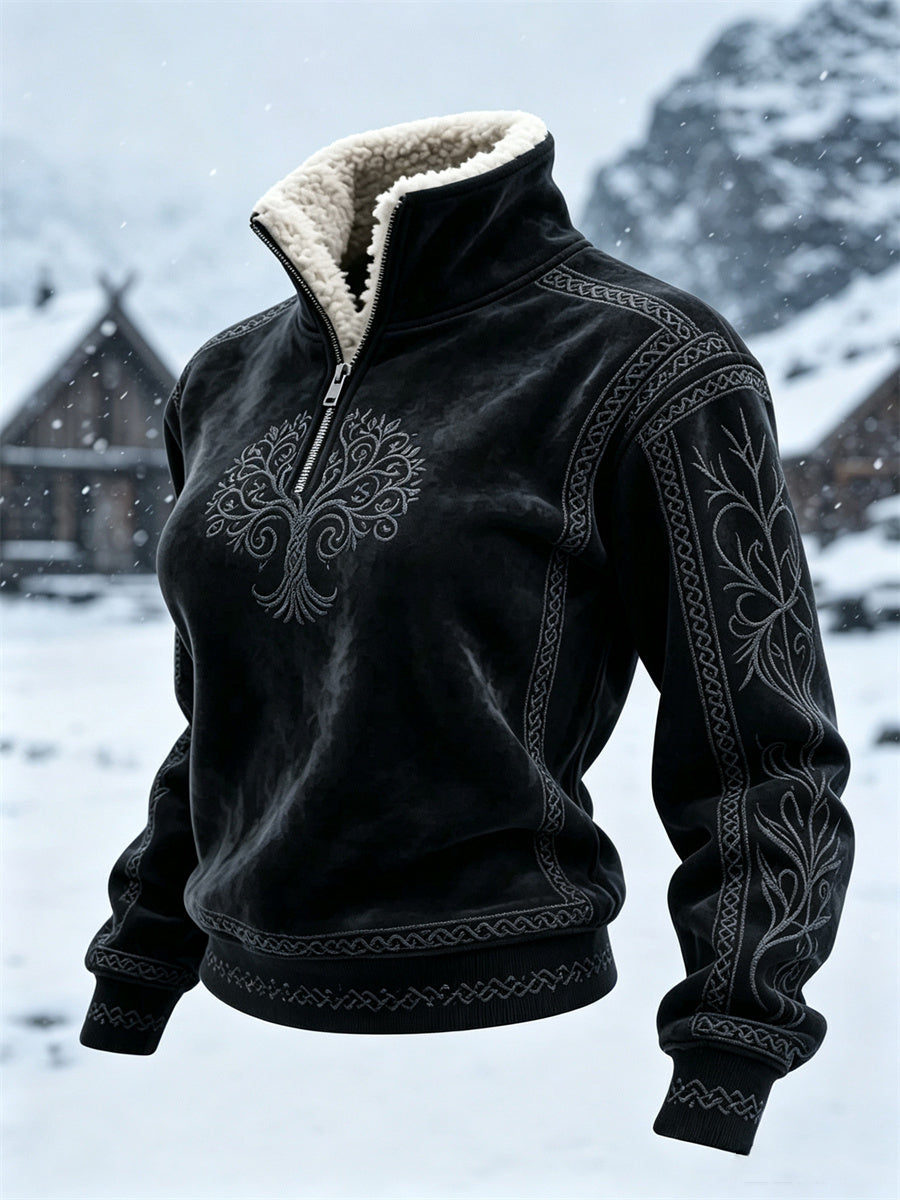 Damsweater i vintagevikingastil med livets träd, keltisk knut och pälskrage