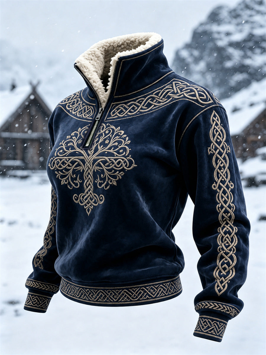 Damsweater i vintagevikingastil med livets träd, keltisk knut och pälskrage