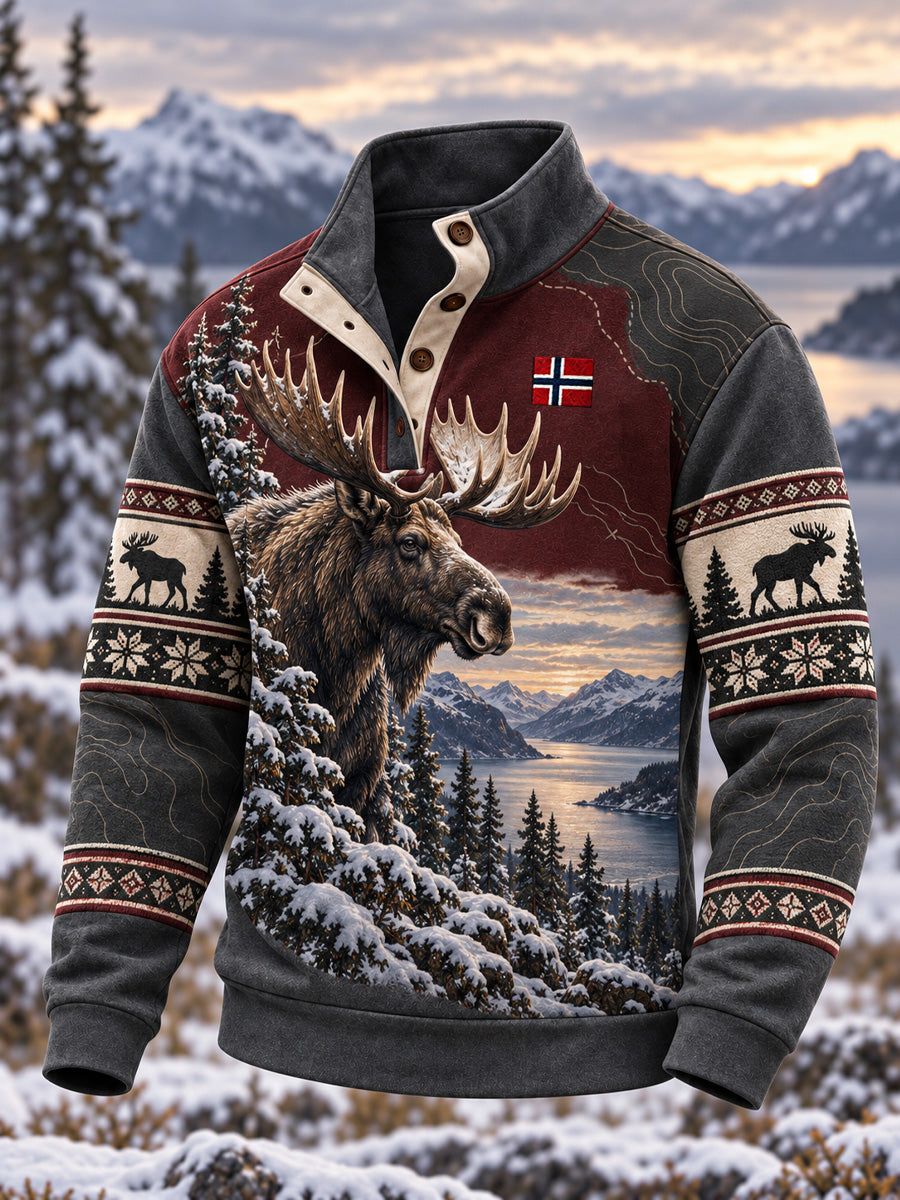 Herrliggens hettegenser med fire knapper og trykk av norsk elgjakttid
