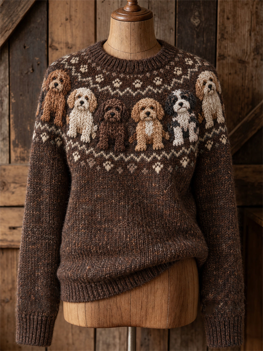 Vintage-damtröja med tryckt motiv av Cockapoo-hundar och Yoke Isle, rund hals