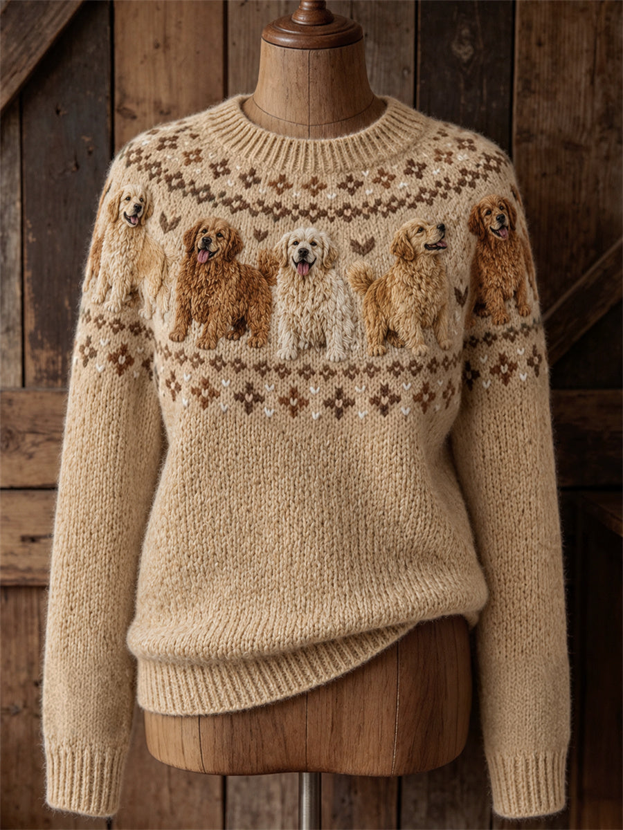 Vintage-damtröja med tryck av golden retriever-hundar, i yoke-stil och med rund hals