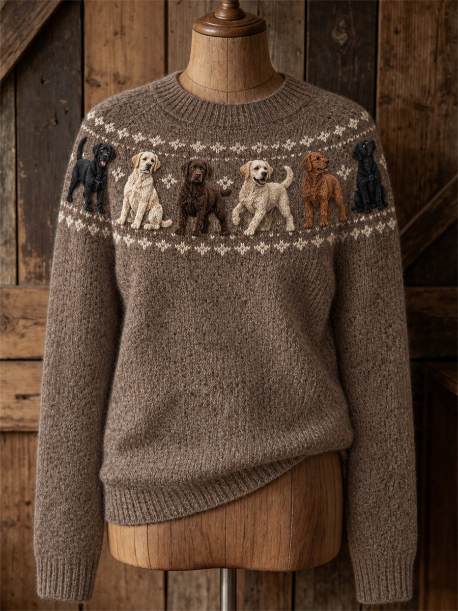 Damtröja med rund hals och vintage-mönster av labradorhundar från Yoke Isle