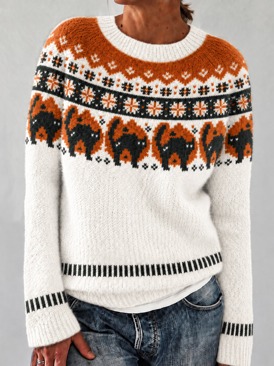 Damsweater med långa ärmar och rund halsringning, Fair Isle-mönster med läskig svart katt