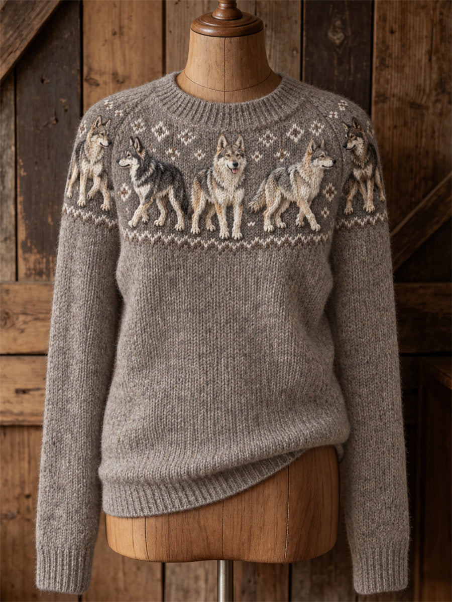 Kvinnors Vintage Wolfdogs Yoke Isle Print besättning hals tröjar