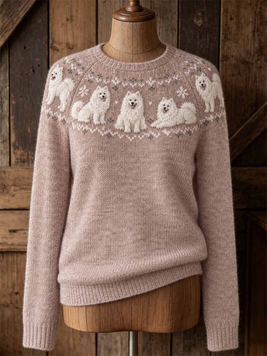 Kvinnors Vintage Samoyed hundar Yoke Isle Print besättning hals tröjar