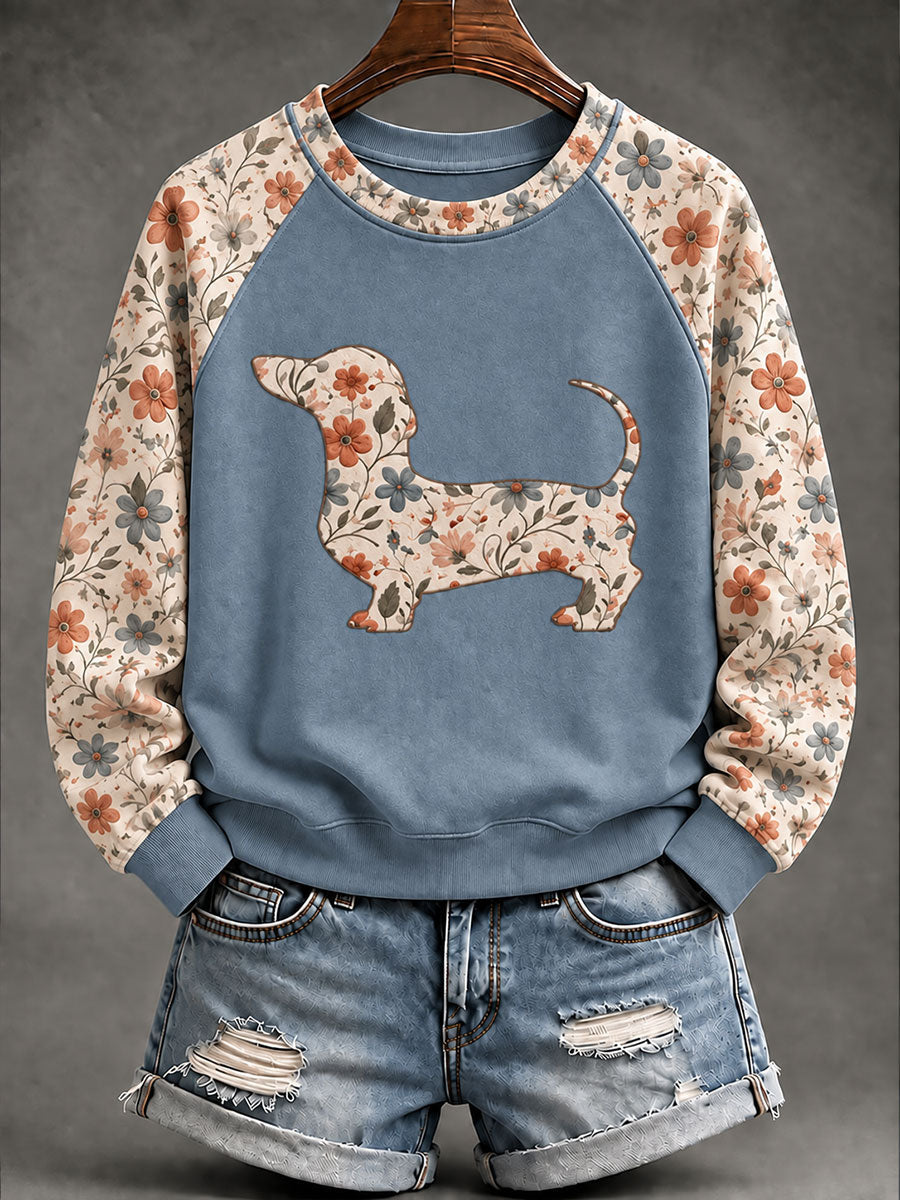 Kvinnor Dachhund blomster Print Casual Raglan Slem Sweatshirt