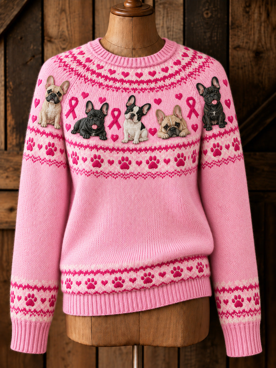 Kvinnors Vintage Pink Ribbon Franska Bulldog Joke Isle Print Långärmad tröjar